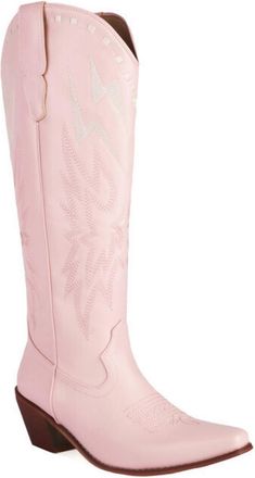 Generic Womens Pull on Wide-Calf Boots Square Toe PU Leather Western Cowboy Boot Chunky Heel Knee High Boots with Embroidery Stitched,Pink,7.5 UK