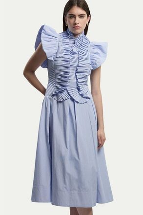 Karen Millen High Neck Pleated Ruffle Midi Dress in Stripe at Nordstrom, Size 10
