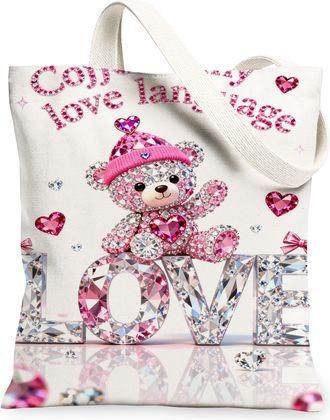 Generic Love Heart Canvas Tote Bags, Cute Bear Pattern Reusable Grocery Bags, ValentineS Day Lightweight Washable Shoulder Strap C, White, 13x15 Inch