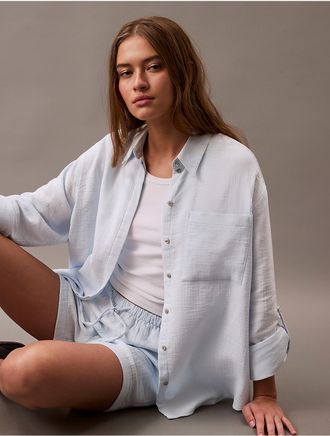 Calvin Klein Jeans Calvin Klein Womens Double Gauze Roll Tab Button-Down Shirt - Blue - XL
