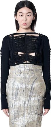 Rick Owens Tops, Dames, Zwart, L, Wol, Gedistresseerde wollen ronde hals lange mouw top