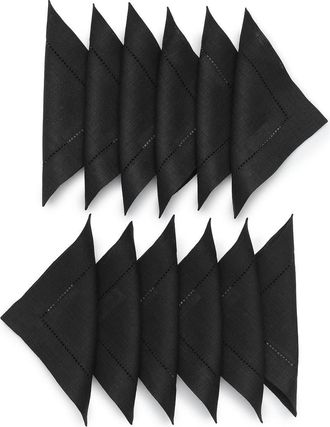 Solino Home Linen Cocktail Napkins Set of 12, 6 x 6 Inch for Dining Table, Holiday and Everyday Table Decor - Classic Hemstitch in Black at
