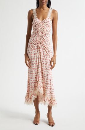 Cinq &agrave; Sept Stevie Ikat Roses Ruched Sleeveless Midi Dress in Gardenia Multi at Nordstrom, Size 10