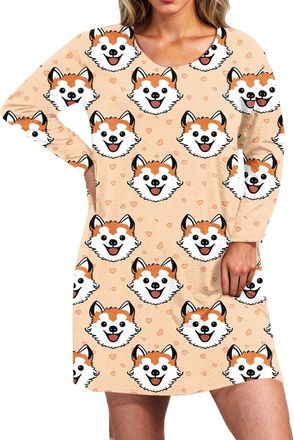 Generic Nightie Round Neck Nightdresses for Women UK Cute Dog Print Women Nightwear Casual Loose Womens Nightshirts Plus Size Loungewear Short Sleepwear Long 
