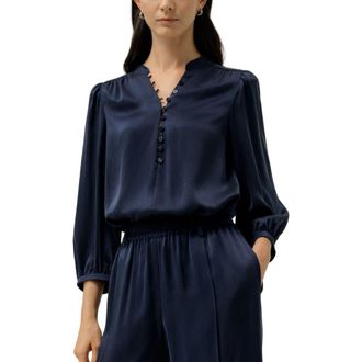 LilySilk Murrell Silk Suede V-Neck Blouse in Navy Blue at Nordstrom, Size Medium