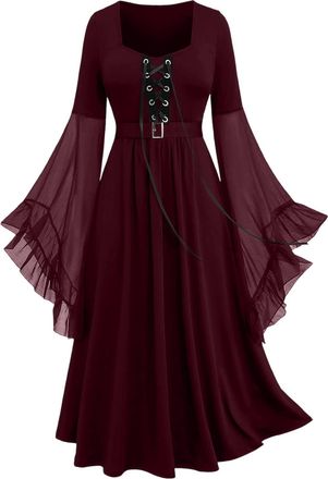 Generic Renaissance Halloween Costume for Women Trumpet Sleeves Medieval Dress Carnival Themed Party Dress up Gothic Maxi Dresses Wine Plus Size 14 16 18 20 2