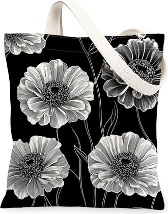Generic Spring Zinnia Flower Canvas Tote Bag for Shopping 13x15, Black Floral Wildflower Reusable Grocery Print Pattern Bag for Women, Aesthetic Retro Beach A