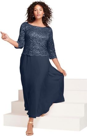 Roaman's Plus Size Sequin Lace Three Quarter Sleeve A-Line Gown in Navy at Nordstrom, Size 38