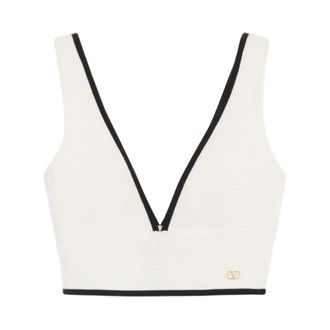 Valentino V-neck Knitwear, female, White, Size: S Canestrello Cotton Tweed Top