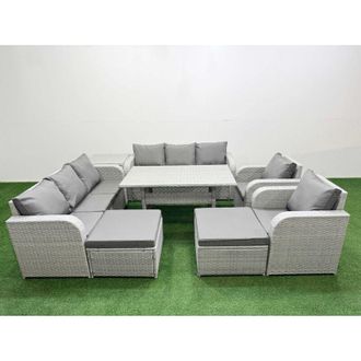 Fimous Pe Rattan High Back Lounge Sofa Set Patio Rectangular Dining Table & Chairs Set with 3 Seater Sofa Reclining Chair 2 Big Footstool Light Grey - Fimous