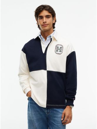 Tommy Hilfiger Mens Varsity H-Logo Colorblock Rugby Sweatshirt - Ivory Petal - XL