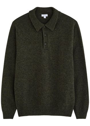 Sunspel Wool Polo Jumper - Dark Green - S