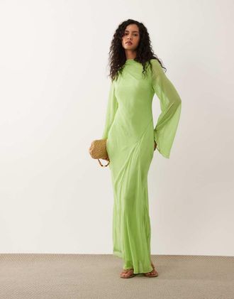Asos Vestito lungo in chiffon verde con scollo a barchetta