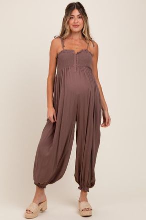 Pinkblush Smocked Button Front Shoulder Tie Jumpsuit in Mocha at Nordstrom, Size Medium