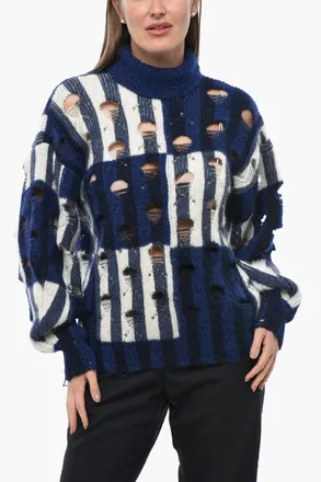 Off-white Maglia a Collo Alto SHIBORI in Misto Alpaca Distressed Off-White