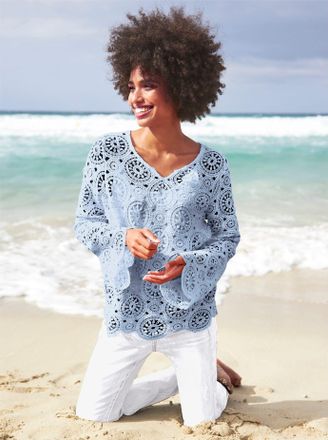 Heine Spitzenshirt HEINE Shirt, Damen, Gr. 34, blau (hellblau), 100% Baumwolle, unifarben, Rundhals, Shirts Spitzenshirt