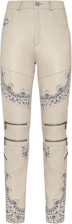 Philipp Plein Leather Long Broeken Paisley Bandana - Dames - Leren Broeken - Beige - M - Leer - Broeken