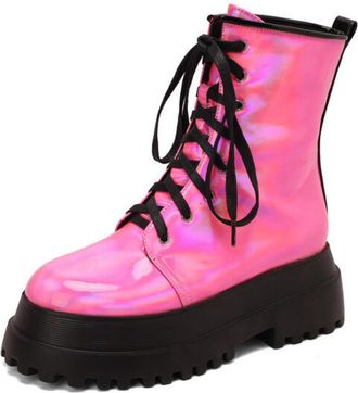 Generic Womens Lace Up Combat Boots Round Toe Patent Leather Ankle Boots Block Heel Platform Short Boot,Fuchsia,6.5 UK