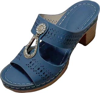 Generic Women Summer Casual Slip On Sandals with Open Toe and Comfortable Square Heel Design for Beach Walking (Blue, 6.5)