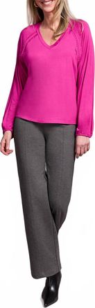 Tribal Pleat-Accent Long-Sleeve V-Neck Top In Pink Flambe