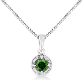 House of Brilliance Silver 1/10 Cttw Treated Colored Diamond Solitaire 18 Milgrain Pendant Necklace in Green Diamond at Nordstrom