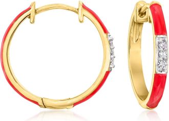 Ross-Simons Red Enamel and Diamond Hoop Earrings in 18kt Gold Over Sterling