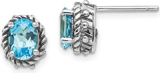 Diamond2Deal Sterling Silver Antiqued Oval Blue Topaz Earrings