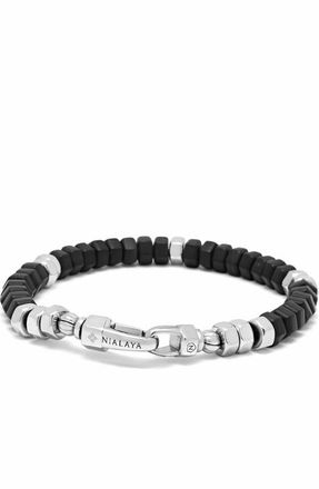 Nialaya Hexagon Black Onyx Beaded Bracelet in Black Onyx /Silver at Nordstrom, Size X-Large