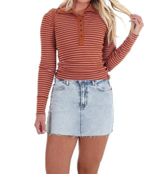 Free People Lake Henley Stripe Top In Cinnamon Combo