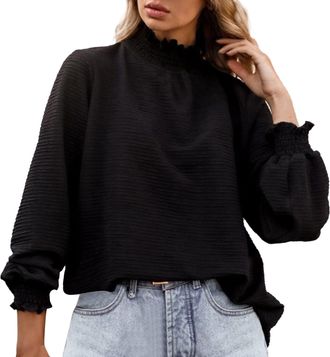 Generic Long Sleeve T Shirts Womens Solid Ruffle Hem Mock Neck Puff Sleeve Blouse Top Tunic Tops for Women UK Long Sleeve Ladies Tshirts Womens Long Ladies Cl