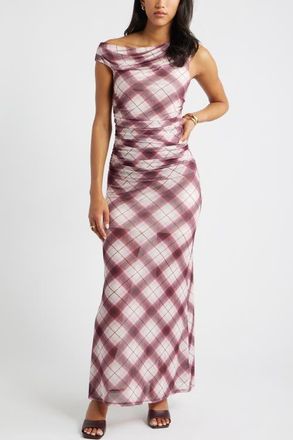 Open Edit One-Shoulder Mesh Maxi Dress in Ivory- Red Reese Plaid at Nordstrom, Size Xx-Small