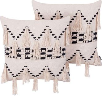 Beliani Conjunto De 2 Cojines Decorativos De Algod&oacute;n Beige 45 X 45 Cm Con Borlas Boho Retro Decoraci&oacute;n Accesorios Thondi