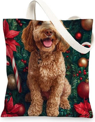 Generic Christmas Golden Doodle Dog Canvas Tote Bag for Shopping 13x15, Xmas Candy Poinsettia Puppy Reusable Grocery Print Bag for Women Men, Holiday Pet Aest