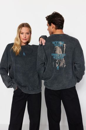 Trendyol MAN Unisex Grijs Slogan Lang Oversized Sweatshirts