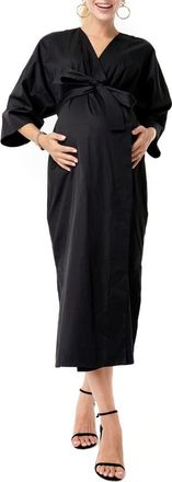 Accouch&eacute;e Amaterasu Tie Belt Maternity/Nursing Wrap Midi Dress in Black at Nordstrom, Size Large/x-Large
