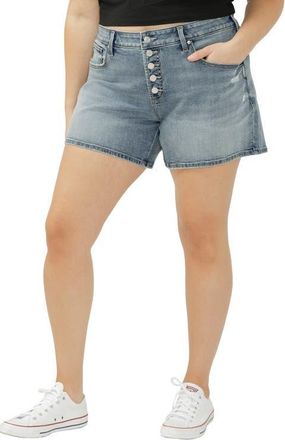 Silver Jeans Co Exposed Button Mid Rise Denim Boyfriend Shorts in Summers Beach at Nordstrom, Size 14W