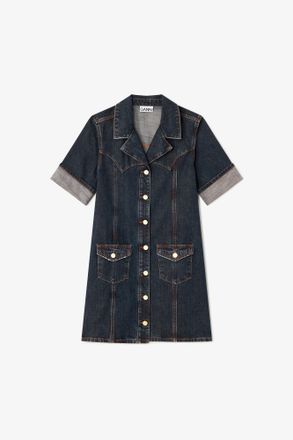 Ganni Blue Mini Dress in Textured Slub Denim - Size 10/12 Recycled Cotton
