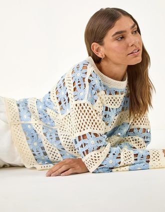 Roman Floral Stripe Crochet Knit Jumper