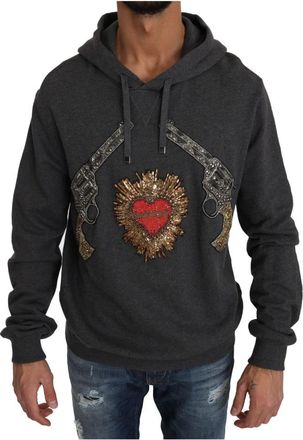 Dolce & Gabbana Kristal Hart Pistool Pullover Sweater - Heren - Hoodies - Grijs - L - Katoen - Hoodies & sweatvesten
