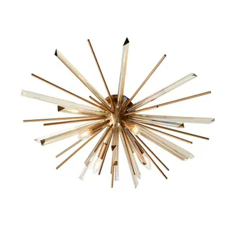 Loops Glass Shard Prism Flush Ceiling Light - Decorative Antique Brass Metalwork in Clear