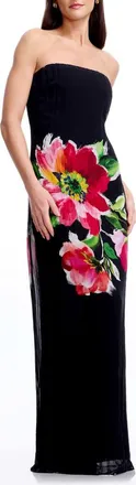 Dress The Population Linda Floral Strapless Gown in Black Multi at Nordstrom, Size Xx-Small