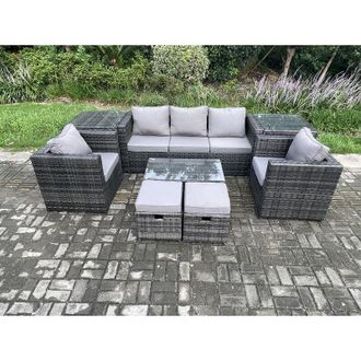 Fimous Fimous Outdoor Rattan Garden Furniture Set with 3 Seater Sofa Coffee Table 2 Side Tables 2 Armchairs 2 Small Footstool Patio Lounge Sofa Set Dark