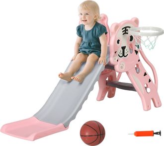 OEM Tobog&aacute;n Para Ni&ntilde;os De 18 A 36 Meses Con 2 Escaleras 1 Canasta De Baloncesto Y Patr&oacute;n De Tigre 133x60x70 Cm Rosa Y Gris