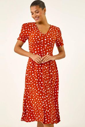 Roman Polka Dot Ruched Sleeve Midi Dress