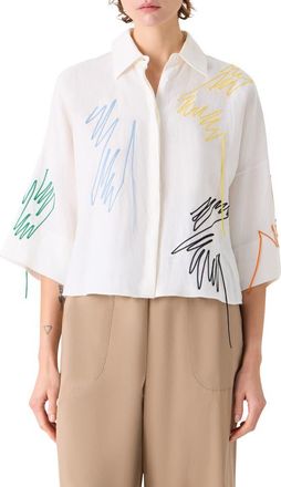 Akris Scribble Embroidered Linen Button-Up Shirt in Cream-Multi at Nordstrom, Size 16