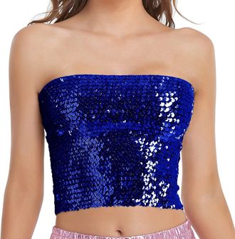 Generic Womens Sparkly Sequin Tube Top Stretchy Slim Fit Non-Padded Glitter Bandeau Bra Classic Strapless Rave Camisole Crop Tank Top 70s Disco Dance Evening 