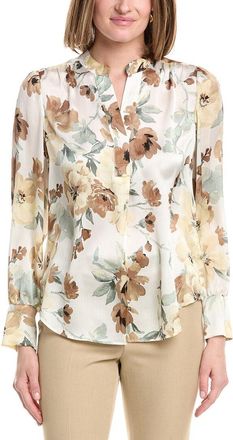 Anne Klein V-Neck Satin Pleat Front Blouse