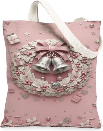 Generic Christmas Bells Canvas Tote Bags, Xmas Decorative Wreath Reusable Grocery Bags, Winter Vintage Linen Lightweight Washable Shoulder Strap 13x15 Inch