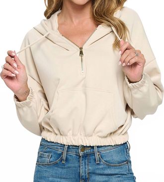 Ariella Cropped Long Sleeve Hoodie With Zipper In Cream