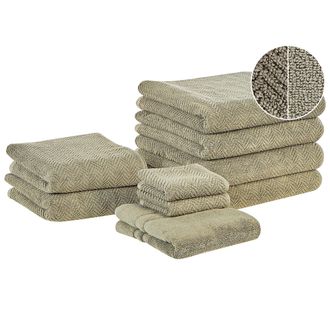 Beliani Beliani - Conjunto De 9 Toallas De Algod&oacute;n Verde Oliva Chevron Textura Suave Ba&ntilde;o Mitiaro